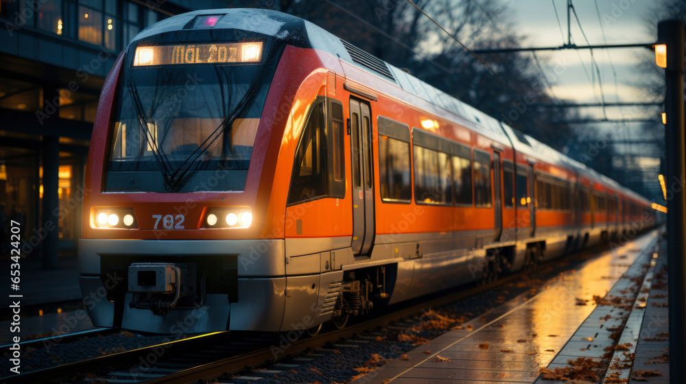 Obraz premium public transport concept. Electric train arriving at the stop. banner