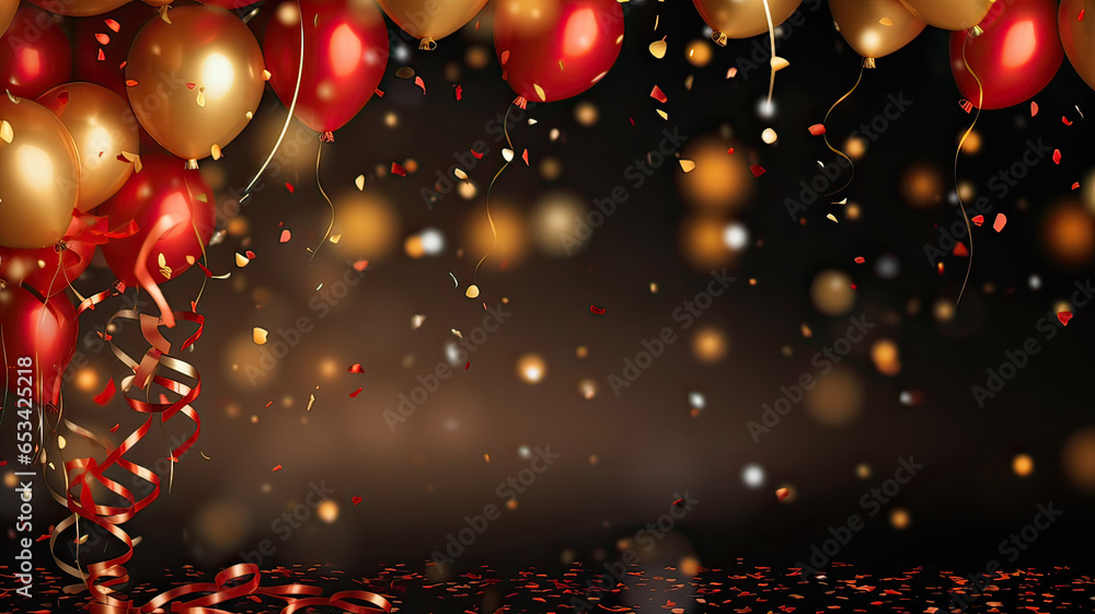 Gold and red balloons with streamers on a bokeh background. - obrazy, fototapety, plakaty 
