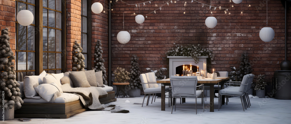 Christmas mockup. Winter, snowy patio of suburban house. Luxury exterior design scene.Villa Backyard terrace with couches and lounge chairs. Vacation, wellness, resort, hotel, penthouse.Generative ai - obrazy, fototapety, plakaty 