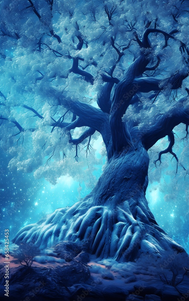 Obraz premium Big blue oak tree in magical forest, Generative AI illustrations