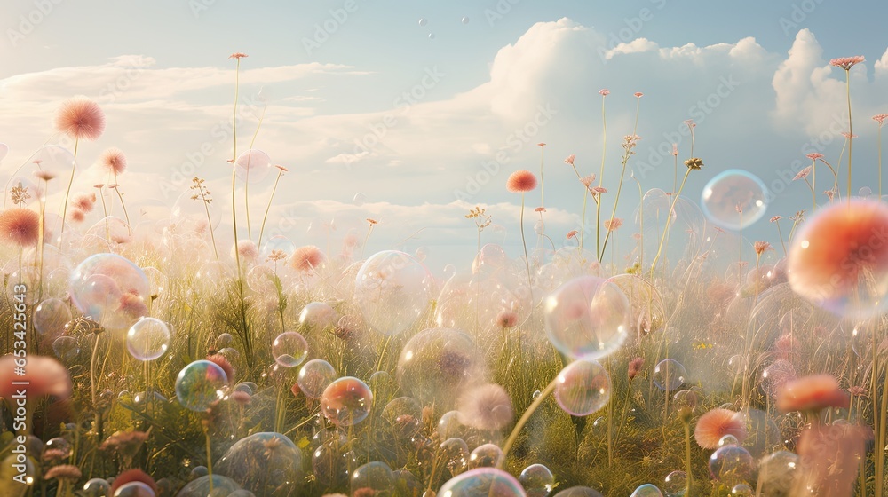  a field full of bubbles floating in the air next to tall grass.  generative ai
