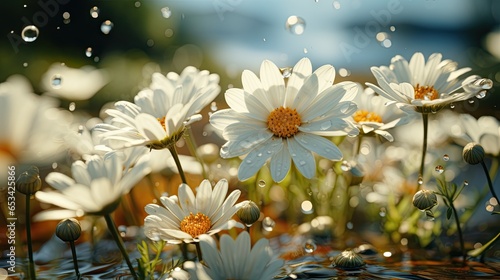 a bunch of white daisies in a field of water. generative ai