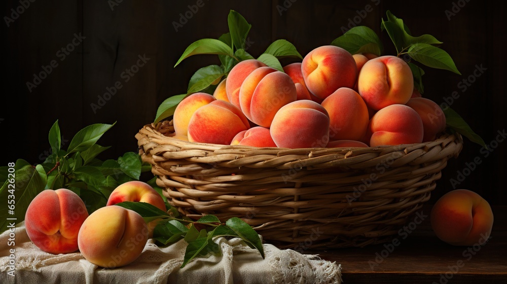  a basket of peaches on a table next to a cloth.  generative ai