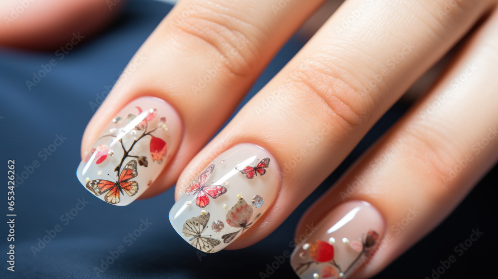 Beautiful female hands with manicure close-up, modern stylish nail design with butterflies