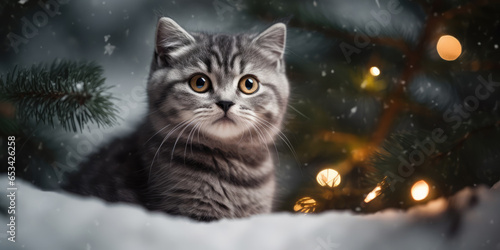 Cute Gray Cat in snow on a Christmas Tree branches background. British kitten striped in winter forest. Christmas Winter-Themed Pet. Background for Christmas, New Year, XMas, Cat Day greeting card