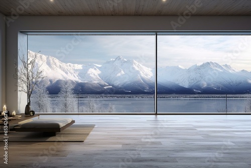 An empty, contemporary space overlooking the snow. It showcases wooden flooring, gray walls, and expansive windows with a scenic view of the snow-capped mountains. Generative AI © Idris
