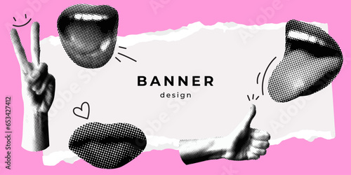 Modern banner design with halftone body parts. Background with hand, lips. Kissing lips. Tongue stuck out. Y2K style. Vintage newspaper parts. Torn paper. Retro halftone collage. Comics style