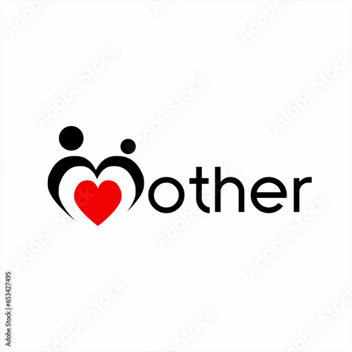 Mother word logo design with illustration of mother, child and heart symbol on the letter M. Suitable for use as a poster element, banner on Mother's Day commemoration.