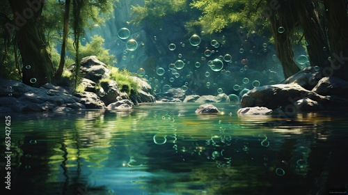  a stream of water surrounded by rocks and trees with bubbles floating in the air. generative ai