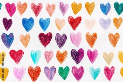 Colorful hearts seamless repeating pattern in oil pastel style