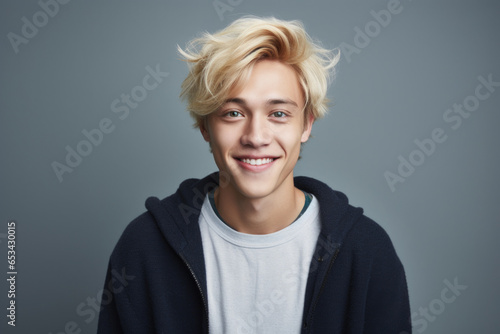 A picture of a young man with blonde hair smiling directly at the camera. This image can be used to represent happiness, positivity, and friendliness in various contexts. photo