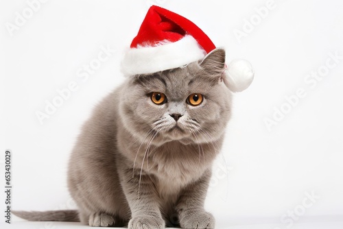 curious selkirk rex cat wearing a santa hat against a white background photo