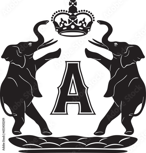 Letter a logo with two elephants and a crown vector design.