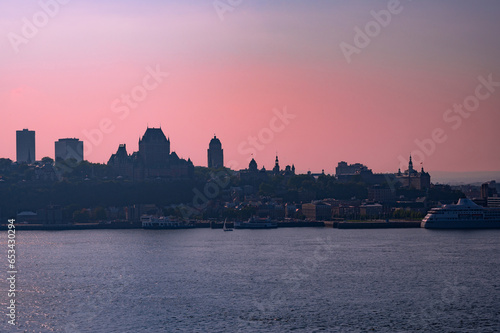 Skyline of Quebec City on a foggy day, Canada. Photo taken from across the Saint Lawrence River in the town of Levis, September 2023. © J Duquette