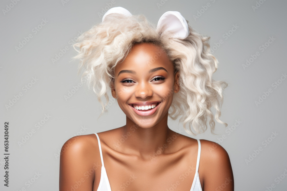 A woman with blonde hair wearing bunny ears. Suitable for Easter-themed events and costume parties. A woman with blonde hair wearing bunny ears. Suitable for Easter-themed events and costume parties.