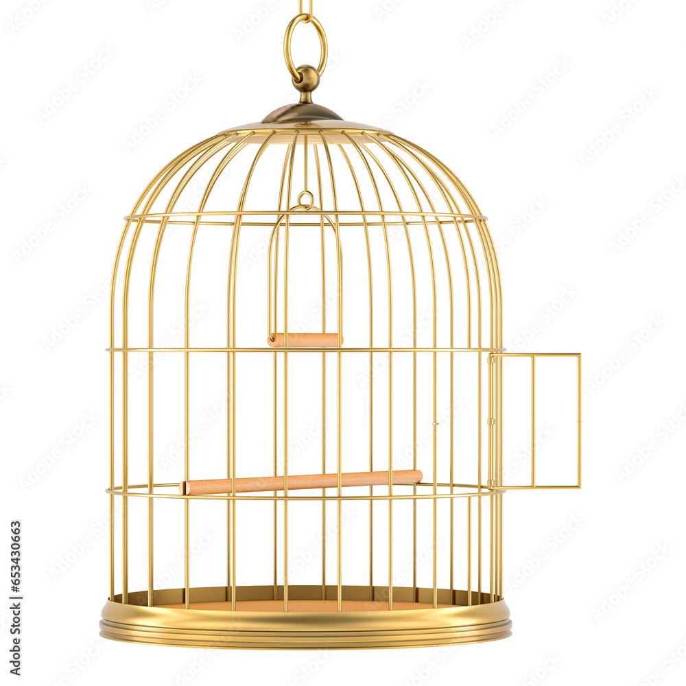 Golden bird cage with open door, 3D rendering isolated on transparent background