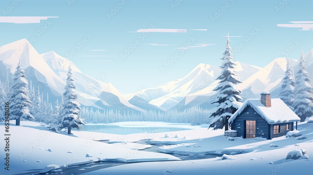  a snowy landscape with a cabin in the foreground and mountains in the background.  generative ai - obrazy, fototapety, plakaty 