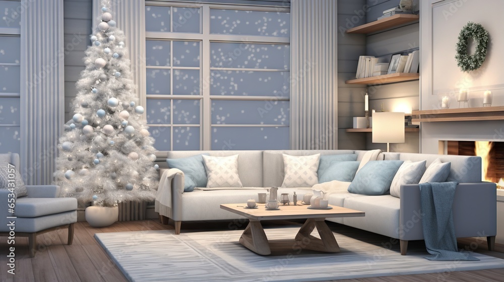  a living room decorated for christmas with a christmas tree in the corner.  generative ai