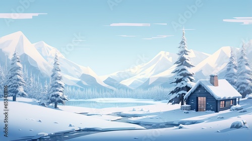  a snowy landscape with a cabin in the foreground and mountains in the background.  generative ai © Anna
