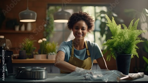 a beautiful young woman in protective gloves, happily cleaning her house. She's meticulously wiping dust from the table beneath an indoor potted plant, and her smile radiates contentment.