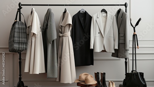 A sophisticated display of a white-gray-black coat and sweater on hangers in a high-end fashion store. These classic pieces showcase timeless elegance in women\'s fashion.
