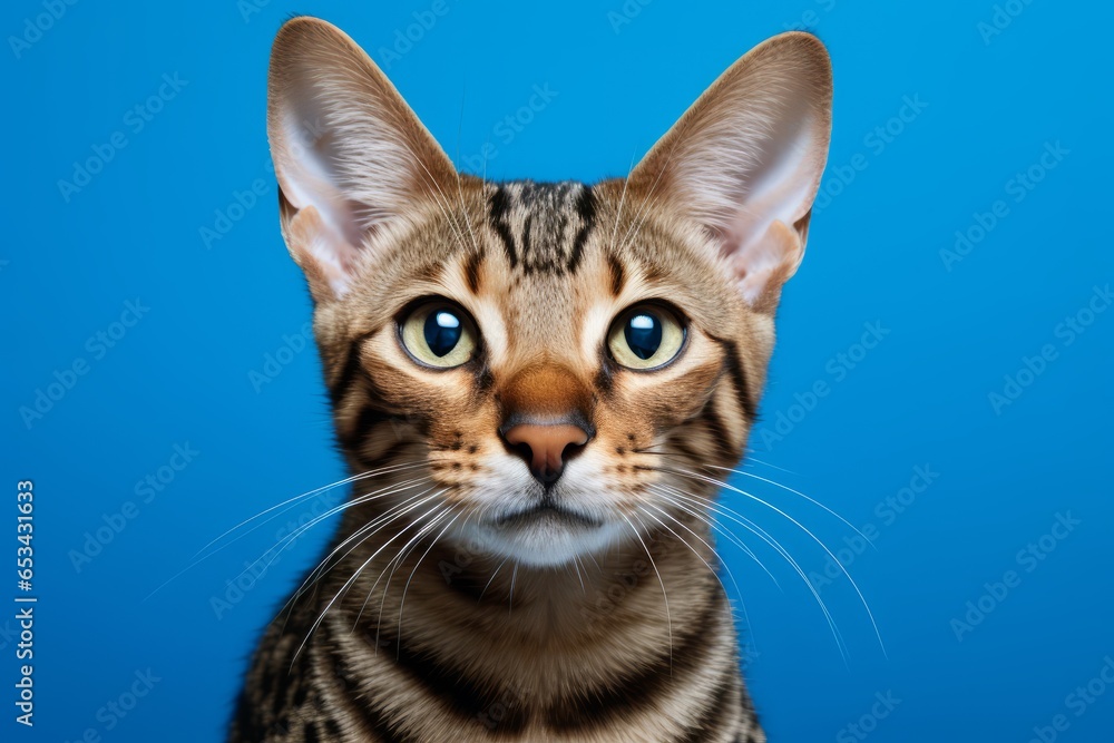 ocicat cat wearing a cozy knit hat against a royal blue background ocicat cat wearing a cozy knit hat against a royal blue background
