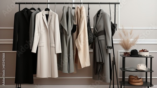 A sophisticated display of a white-gray-black coat and sweater on hangers in a high-end fashion store. These classic pieces showcase timeless elegance in women's fashion. © lililia
