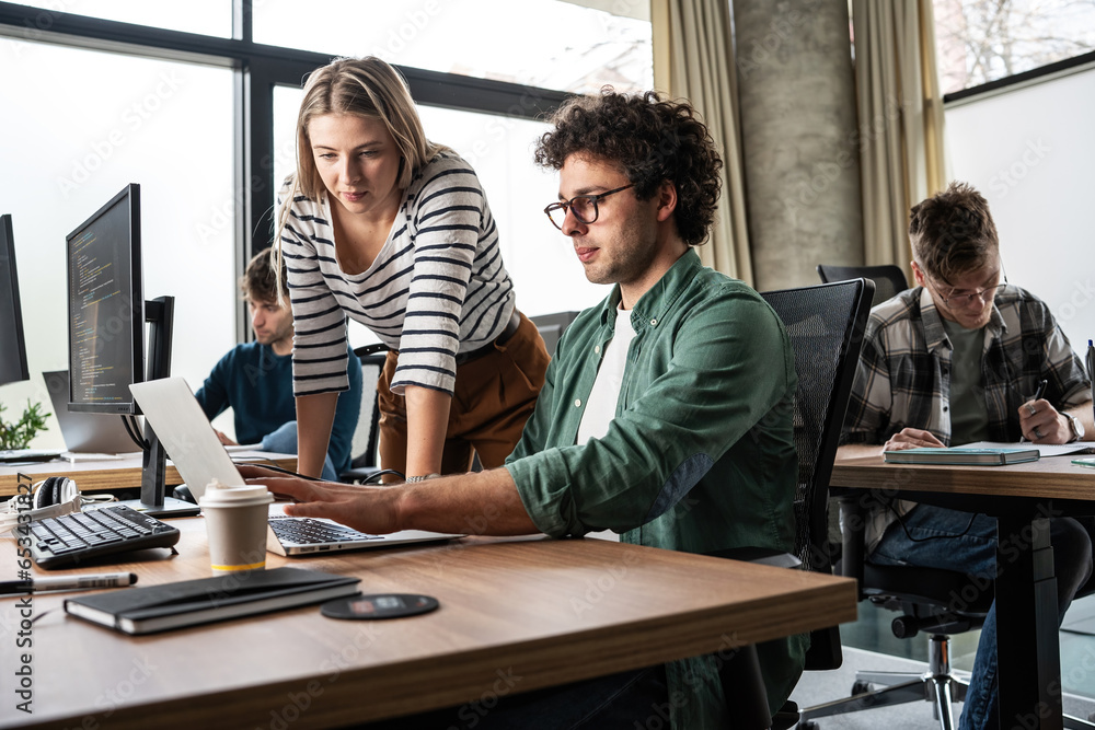 Fototapeta premium Team workers and programmers starting a new project. Senior programmer giving help to beginner. 