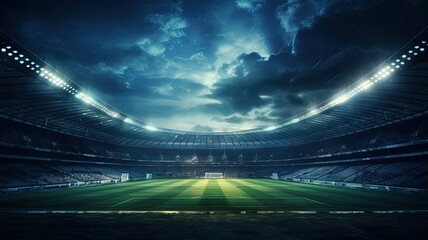 A football stadium lights up the night sky as the green pitch gleams under the floodlights, setting the stage for an exciting match.