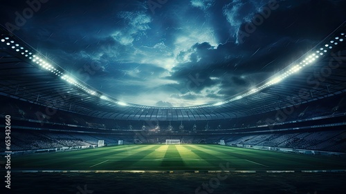 A football stadium lights up the night sky as the green pitch gleams under the floodlights  setting the stage for an exciting match.