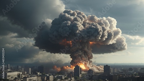 Atomic bomb blast urban city populated area. Mushroom cloud. Destruction and nuclear war idea. Science and weapon concept.