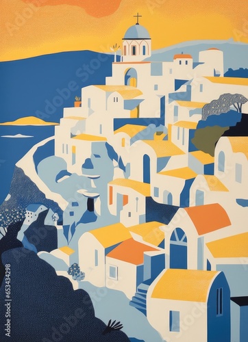 greek village of Santorini, vintage risograph style illustration