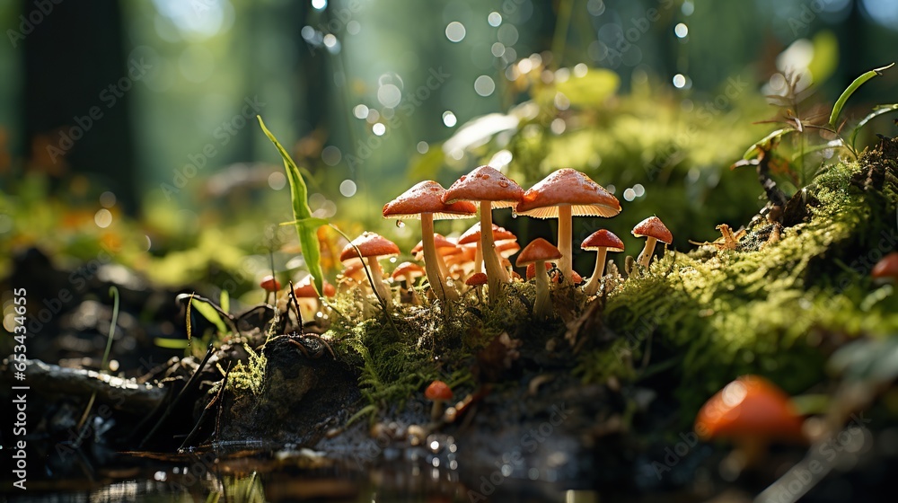Obraz premium a group of mushrooms sitting on top of a moss covered ground. generative ai