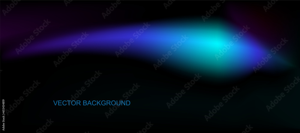  Blue luminous object in black sky. Beautiful light flash. Glowing stripe on dark background. Vector Design for banner, poster, web design. Copy space background. Abstract Holographic colour print