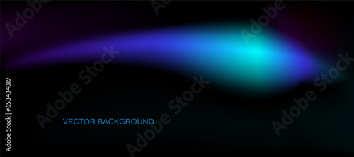  Blue luminous object in black sky. Beautiful light flash. Glowing stripe on dark background. Vector Design for banner, poster, web design. Copy space background. Abstract Holographic colour print