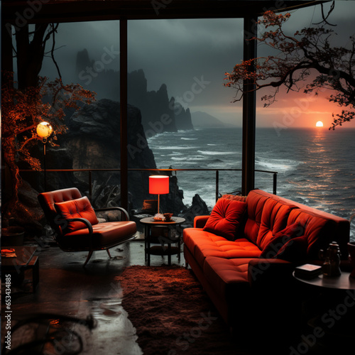red living room design with sea view, in the style of moody chiaroscuro lighting, ricoh gr iii, national geographic photo, noir atmosphere, outdoor scenes, japanese contemporary, unreal engine 5 photo