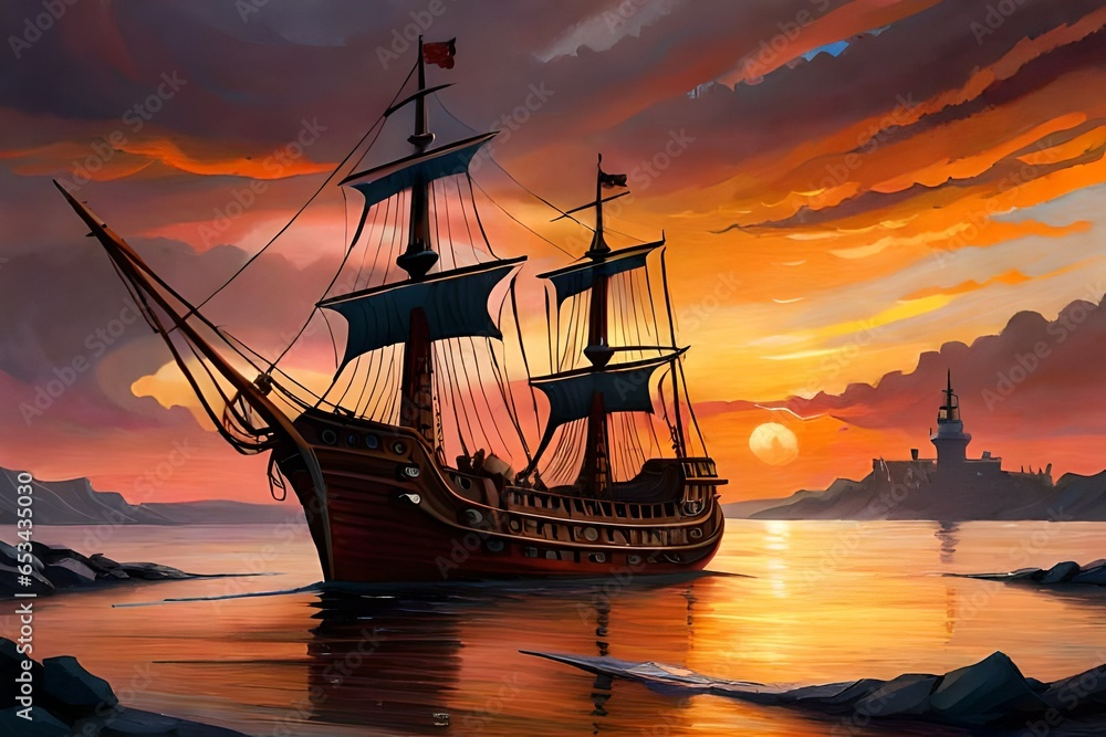 Obraz premium ship in beautiful sunset with clouds in sky