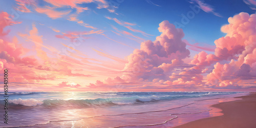 A breathtaking view of a pink-sand beach at sunset