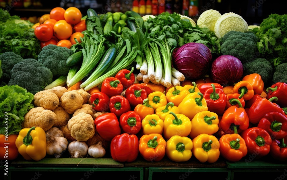 Vibrant colors and variety of fresh fruits and vegetables neatly arranged at a farmer's market stall. Generative AI