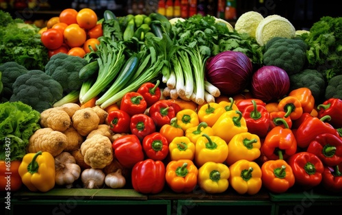 Vibrant colors and variety of fresh fruits and vegetables neatly arranged at a farmer s market stall. Generative AI