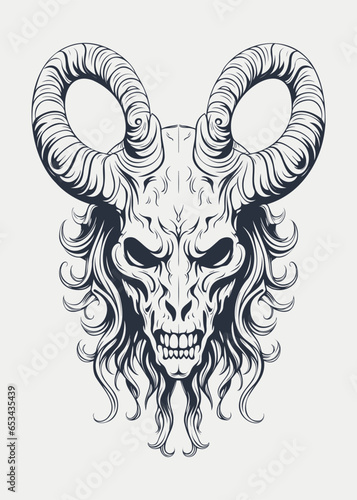 Black and white vector illustration of a devil or demon with horns on his head