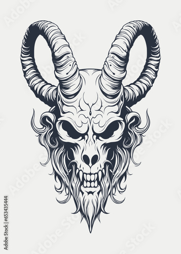 Black and white vector illustration of a devil or demon with horns on his head