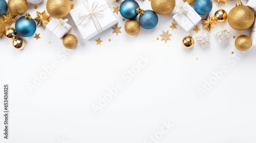 decorated christmas background with blue, white and gold elements on white copy space, 16;9