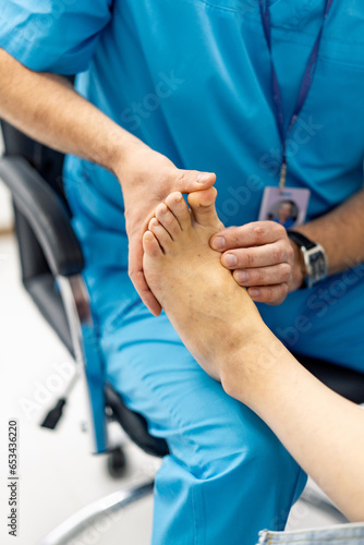 Medical checking feet healthcare. Patient orthopedic treatment.