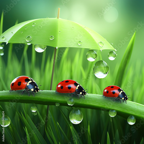 Little ladybugs with umbrella walking on the grass. © Tanita