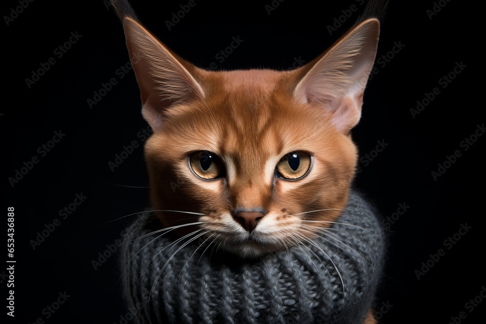 Fototapeta premium caracal cat wearing a cozy knit hat against a matte black background