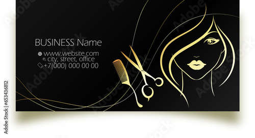 Golden silhouette of a girl scissors and comb. Business card concept for beauty salon and hair salon