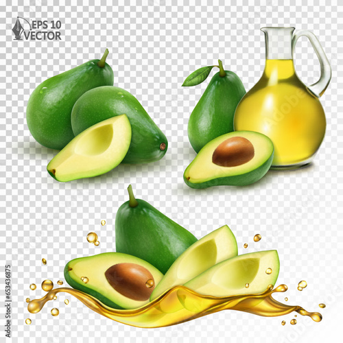 Vector glass jug with avocado oil, whole fruits and pieces. Realistic transparent splash of oil and fresh ripe fruits in it. Set of 3D illustrations of food isolated on a white background