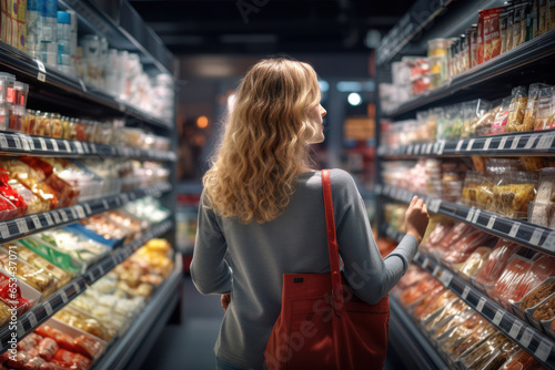 A shopper navigating a bustling supermarket aisle, emphasizing the impact of store layout and product placement on consumer choices. Concept of retail design. Generative Ai.