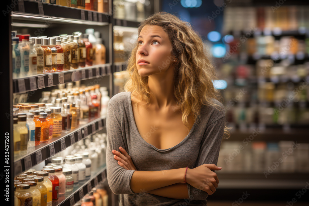 A shopper pondering ethical dilemmas when choosing between products, showing the impact of ethical considerations on consumer choices. Concept of ethical consumerism. Generative Ai. A shopper pondering ethical dilemmas when choosing between products, showing the impact of ethical considerations on consumer choices. Concept of ethical consumerism. Generative Ai.